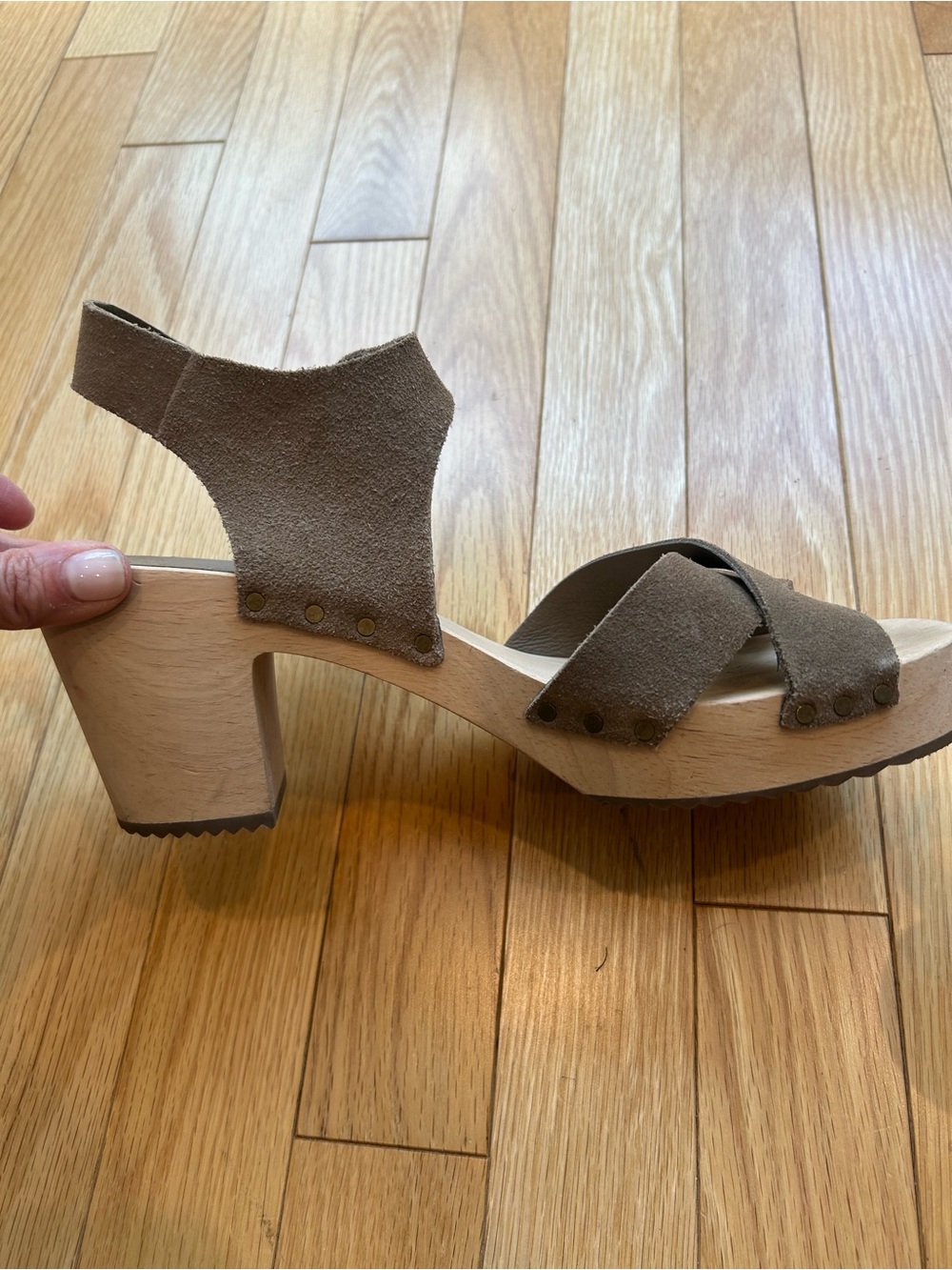 LOFT Taupe Suede Clog Sandals with Wood Block Heel